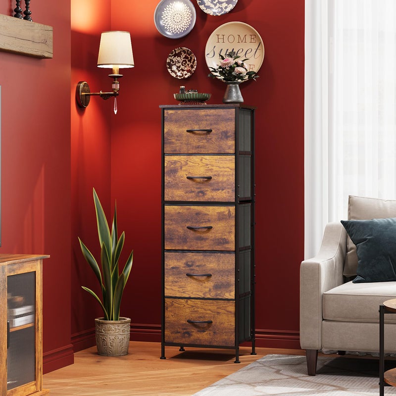 WLIVE Fabric Dresser for Bedroom, 5-Drawer Tall Dressers, Storage Organizer with Fabric Bins, Wood Top, Sturdy Steel Frame, Chest of Drawers for Closet, Hallway, Rustic Brown Wood Grain Print - Image 3