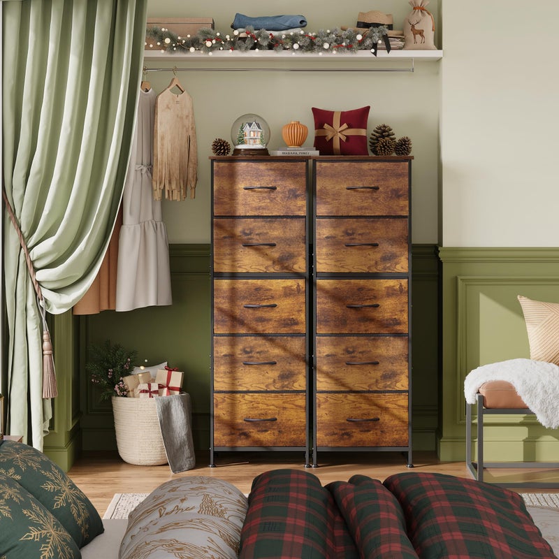 WLIVE Fabric Dresser for Bedroom, 5-Drawer Tall Dressers, Storage Organizer with Fabric Bins, Wood Top, Sturdy Steel Frame, Chest of Drawers for Closet, Hallway, Rustic Brown Wood Grain Print - Image 2
