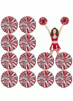 12 Pack Cheerleading Pom Poms, Metallic Foil Pom Poms with Baton Handle Cheer Squad Team Spirited Fun Pom Poms for Party, Sports Dance Cheer, 12 Inch, 50g Weight Each