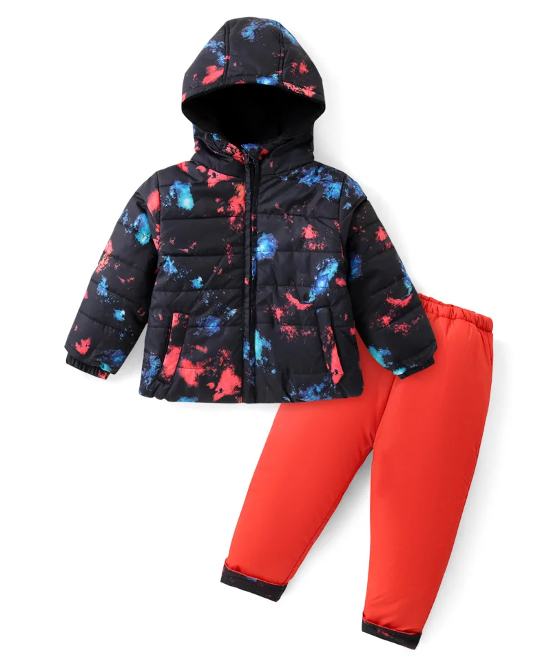 babyhug Babyhug Woven Full Sleeves Hooded Puffer Winter Wear Suit With Color Splash Print - Black