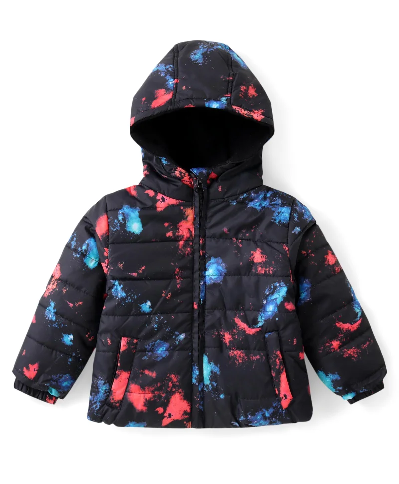 babyhug Babyhug Woven Full Sleeves Hooded Puffer Winter Wear Suit With Color Splash Print - Black