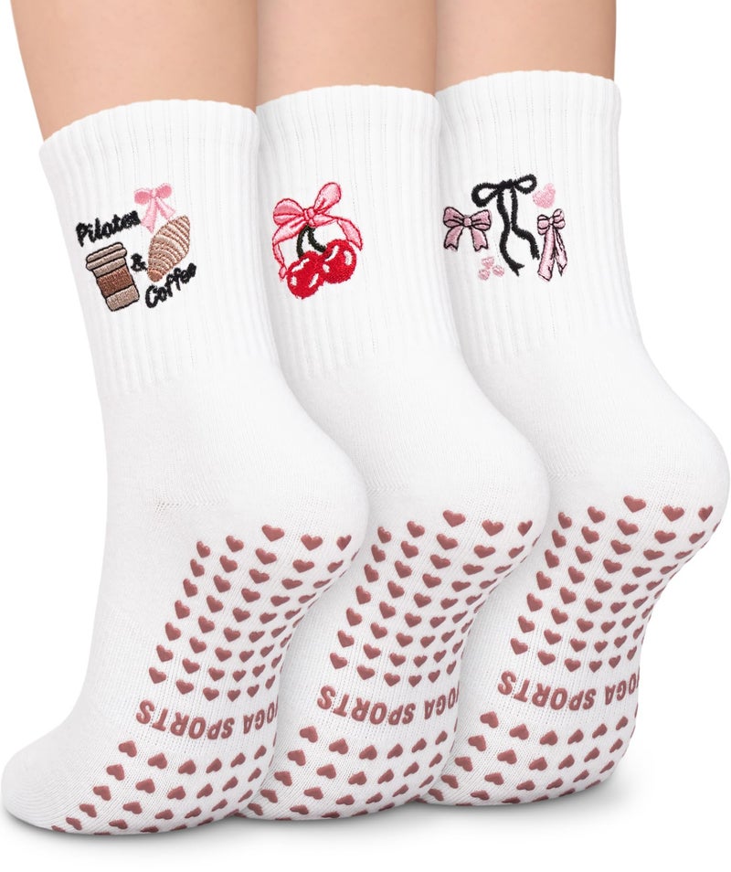 BLONGW Pilates Socks for Women, Cute Non-Slip Grip Crew Socks for Yoga, Barre, Hospital, Barefoot Workout, 3 Pairs - Image 1