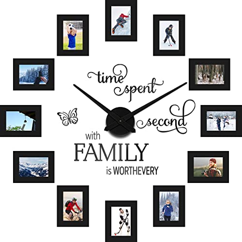Sratte 3D Large Family Collage Photo DIY Wall Clock, 5 Inch Paper Photo Frame DIY Clock Modern Decor Family Quote Wall Stickers Kit for Home Living Room Bedroom Office Decorations(Black) - Image 1
