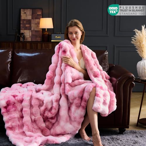 PLUUSHUU Faux Fur Throw Blanket for Couch, Fluffy Fuzzy Plush Bubble Blanket, Soft Warm Cozy Shaggy Rabbit Blanket, Luxury Decorative Gifts for Sofa Bedroom Living Room, 60x80inch (Tie-Dye-Pink) - Image 3
