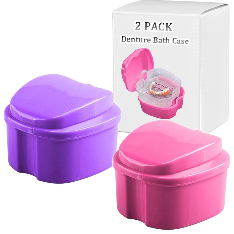 Denture Bath Box Cup Complete Clean Care for Dentures Clear Braces Mouth Guard Night Guard RetainersTraveling Pink Purple