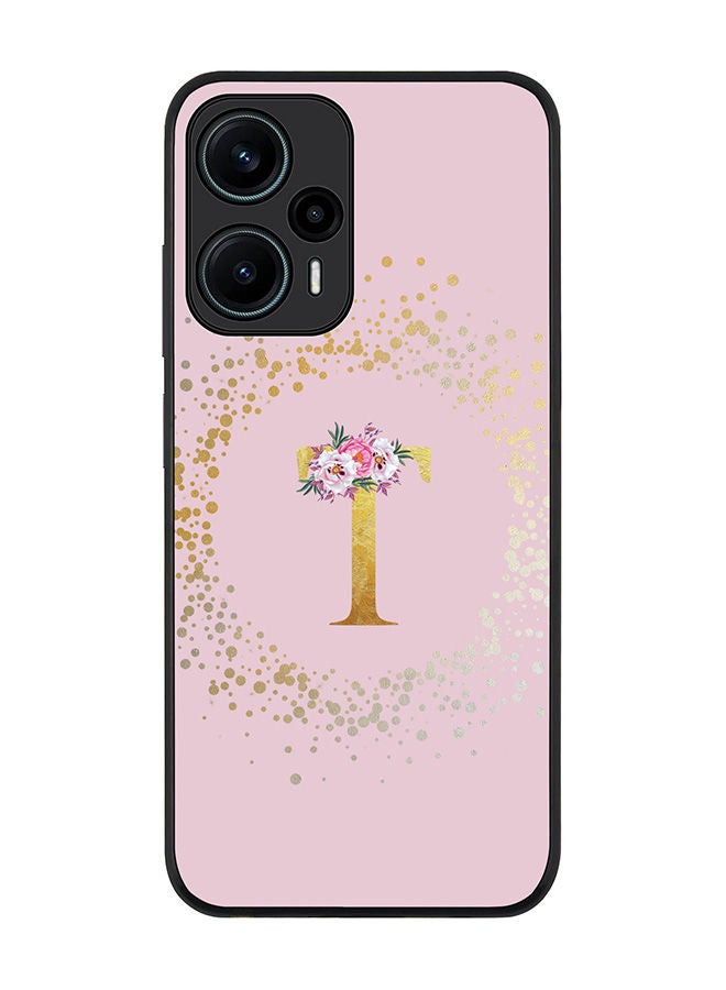Stylizedd Rugged Black edge case for Xiaomi Poco F5 5G / Xiaomi Redmi Note 12 Turbo 5G Flexible Rubber Edges Anti Drop TPU Cover - Monogram Letter Floral Pattern - T (Pink) - Image 1