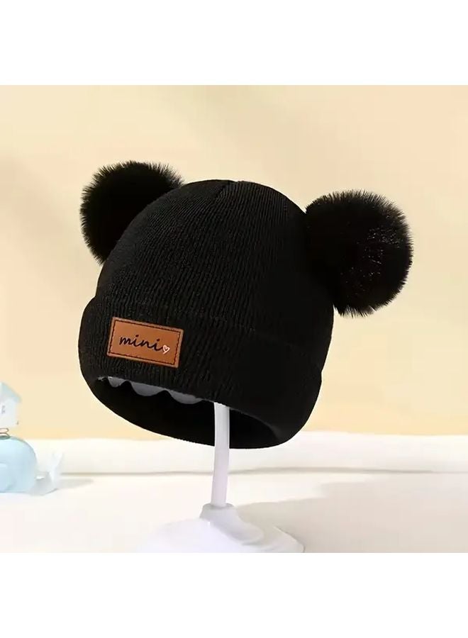 Black Soft Knit Fleece Lined Beanie With Balls For 0 3 Years Winter Hat - Image 1