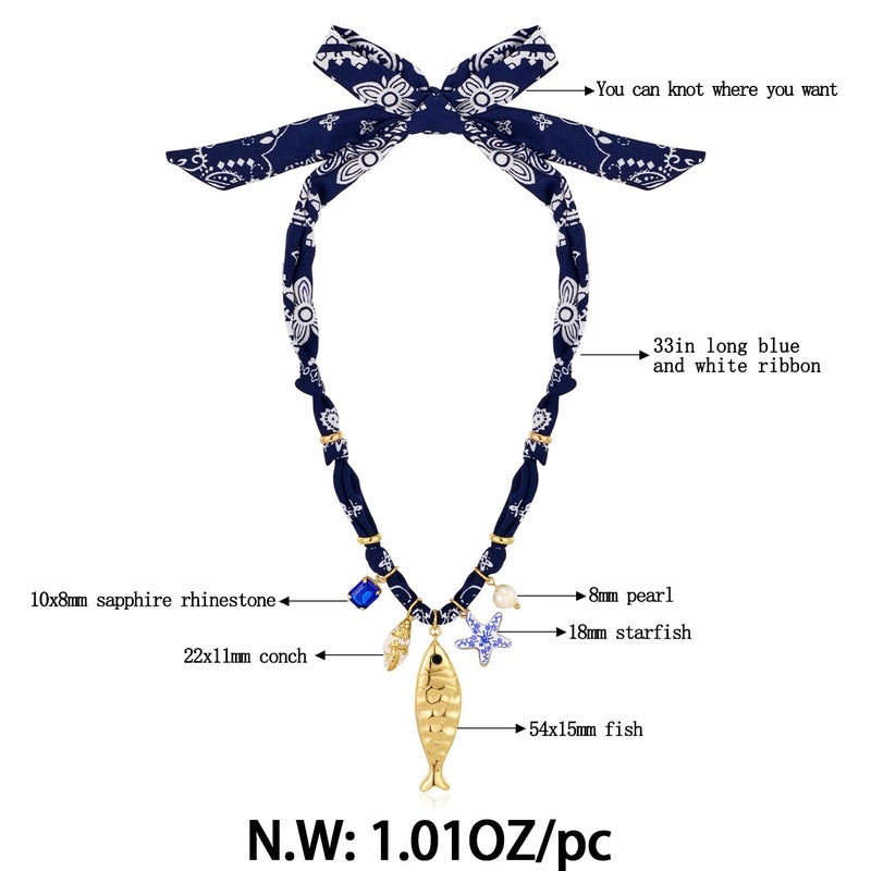 FAUTHENTICUTE Chunky Gold Fish Pendant Necklace For Women Long Silk Scarf Necklace With Starfish Conch Fish Pearl Charms Boho Beach Shell Statement Necklaces - Image 4