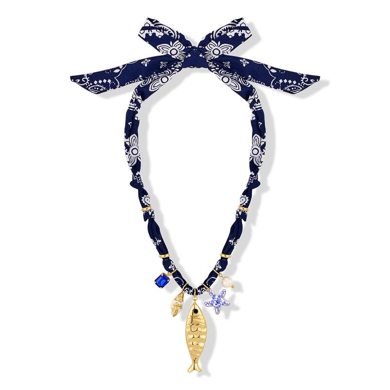 FAUTHENTICUTE Chunky Gold Fish Pendant Necklace For Women Long Silk Scarf Necklace With Starfish Conch Fish Pearl Charms Boho Beach Shell Statement Necklaces - Image 1