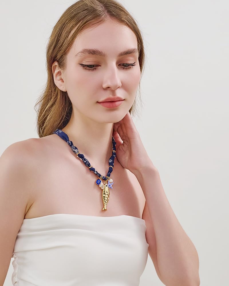 FAUTHENTICUTE Chunky Gold Fish Pendant Necklace For Women Long Silk Scarf Necklace With Starfish Conch Fish Pearl Charms Boho Beach Shell Statement Necklaces - Image 3