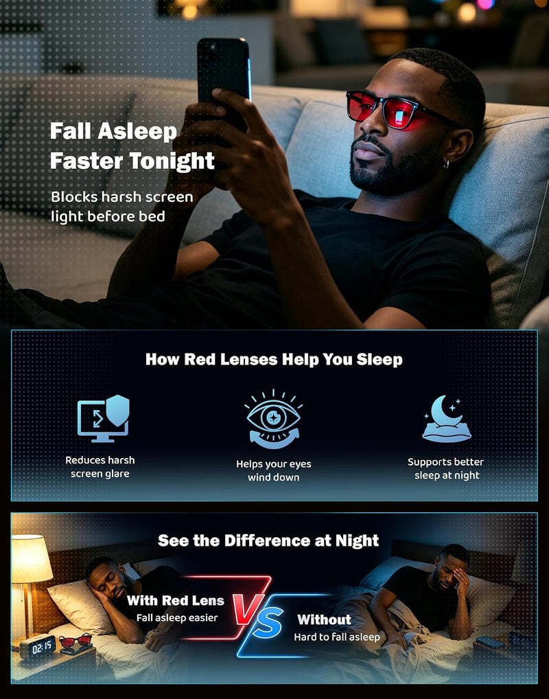 TIJN Heat resistant Sleep Glasses with Blue Green Light Blocking, Red Light Lens for Computer Gaming, Screen Fatigue & UV Protection Nationwide warehouse layout - Image 4
