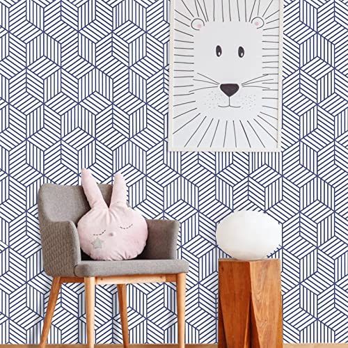 WENMER 17.71"x197" Geometric Hexagon Wallpaper Peel and Stick - Blue White Contact Paper, Removable Self Adhesive Vinyl Film for Shelf Drawer Home Use - Image 3