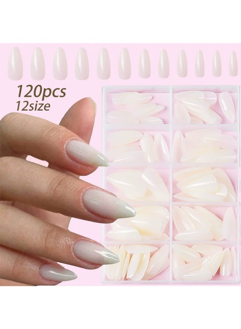 120 Pcs Fake Nail Tips, Almond Shape Press On Nails, Stick On ABS Full Cover Nails for Women, For Daily Party Wedding Use (Milky White) - Image 1