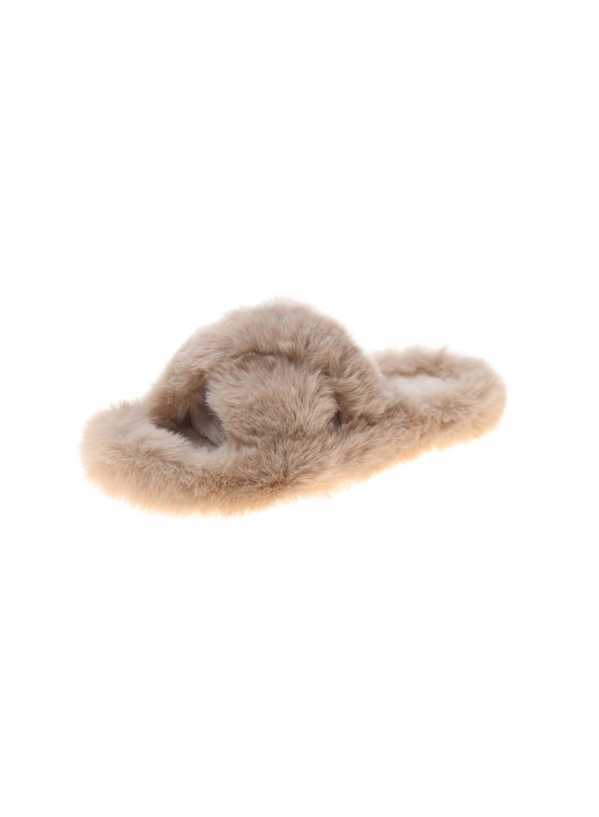 Plus Size Furry Slippers For Women Autumn And Winter New European And American Outdoor Flat Furry Cross Open Toe Slippers