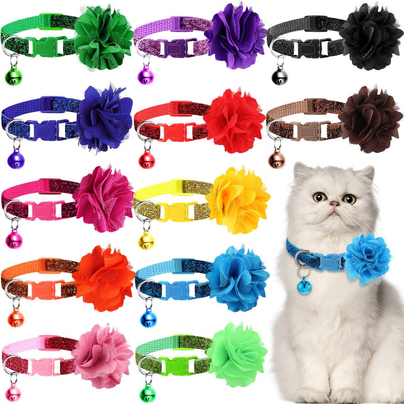 Saintrygo 12 Pcs Cat Collar with Flower Bells for Girl Cats Adjustable Kitten Collar Flowers Multicolor Grooming Accessories for Small Girl Pets - Image 1