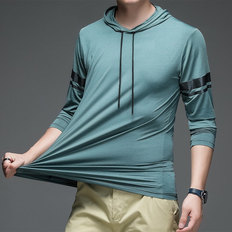 Hooded Long-Sleeved Ice Silk T-Shirt Men'S 2024 Spring Ice Solid Color Breathable Thin Fitness Sports Casual T-Shirt Men - Image 1