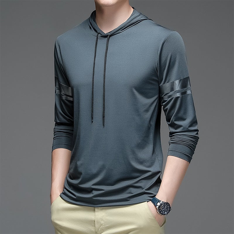 Hooded Long-Sleeved Ice Silk T-Shirt Men'S 2024 Spring Ice Solid Color Breathable Thin Fitness Sports Casual T-Shirt Men - Image 4