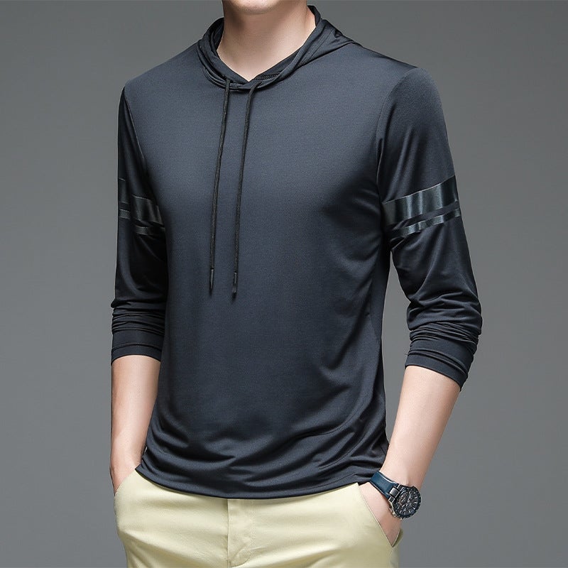 Hooded Long-Sleeved Ice Silk T-Shirt Men'S 2024 Spring Ice Solid Color Breathable Thin Fitness Sports Casual T-Shirt Men - Image 2
