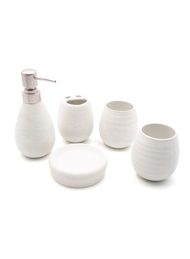 Beram Bathroom Accessory Stripes Set 5 Piece Ceramic  Natural Textured Design with Soap Dispenser Toothbrush Holder Tumbler Multifunction Holder & Soap Dish (White) - Image 1