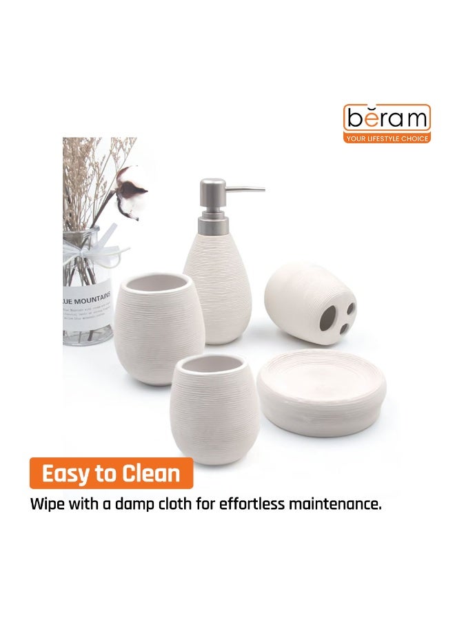 Beram Bathroom Accessory Stripes Set 5 Piece Ceramic  Natural Textured Design with Soap Dispenser Toothbrush Holder Tumbler Multifunction Holder & Soap Dish (White) - Image 3