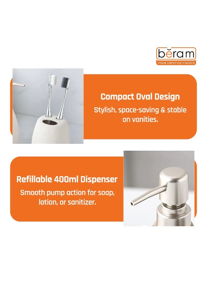 Beram Bathroom Accessory Stripes Set 5 Piece Ceramic  Natural Textured Design with Soap Dispenser Toothbrush Holder Tumbler Multifunction Holder & Soap Dish (White) - Image 4