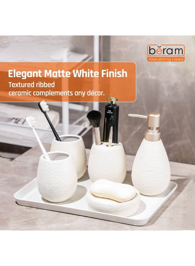 Beram Bathroom Accessory Stripes Set 5 Piece Ceramic  Natural Textured Design with Soap Dispenser Toothbrush Holder Tumbler Multifunction Holder & Soap Dish (White) - Image 5
