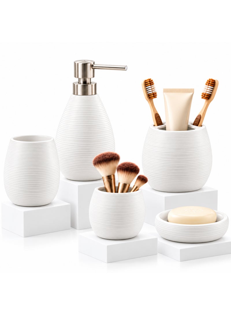Beram Bathroom Accessory Stripes Set 5 Piece Ceramic  Natural Textured Design with Soap Dispenser Toothbrush Holder Tumbler Multifunction Holder & Soap Dish (White) - Image 1