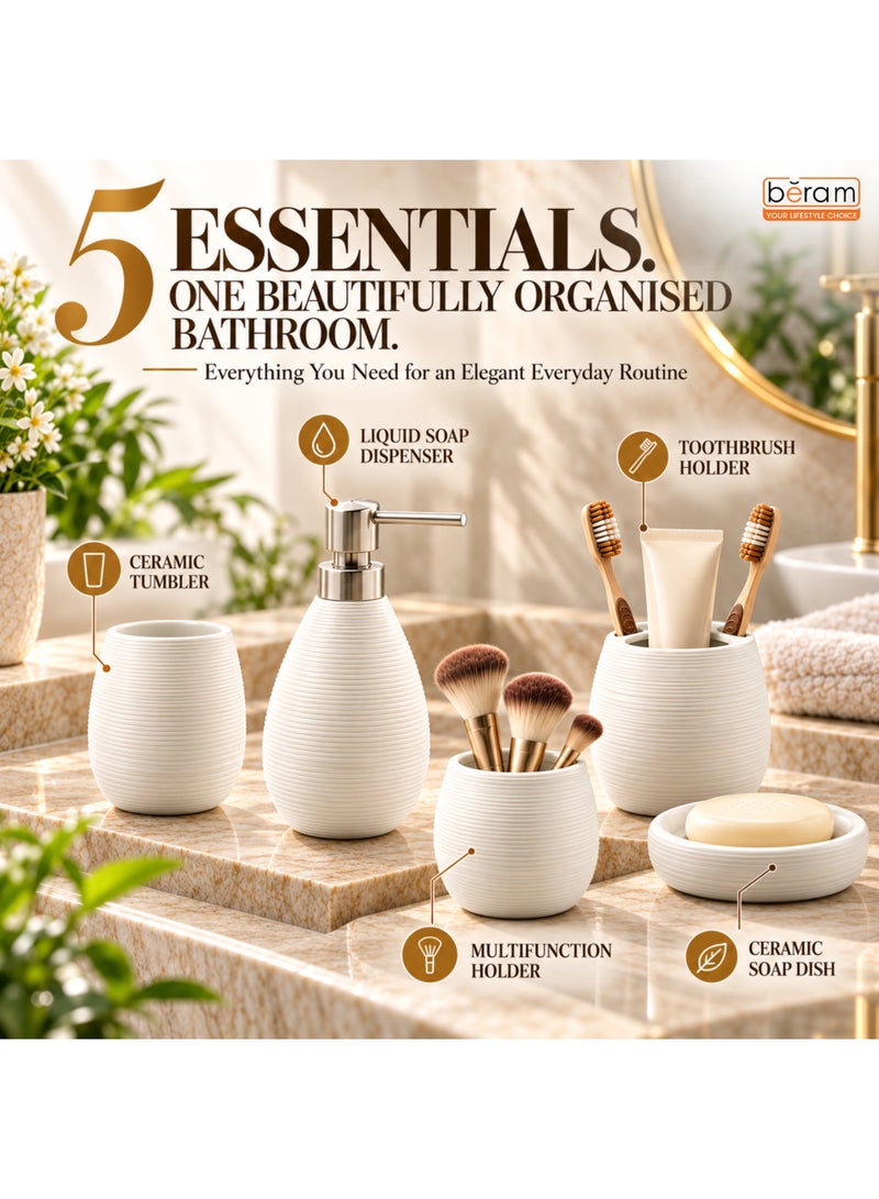 Beram Bathroom Accessory Stripes Set 5 Piece Ceramic  Natural Textured Design with Soap Dispenser Toothbrush Holder Tumbler Multifunction Holder & Soap Dish (White) - Image 3