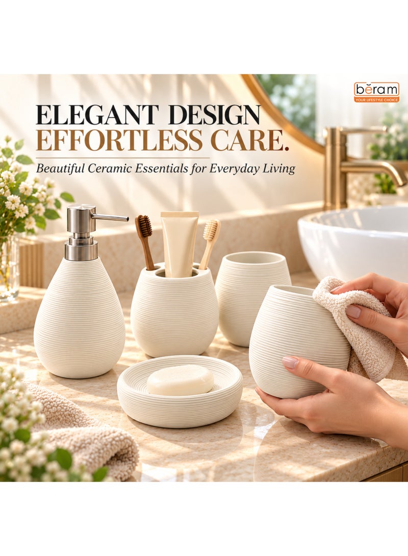 Beram Bathroom Accessory Stripes Set 5 Piece Ceramic  Natural Textured Design with Soap Dispenser Toothbrush Holder Tumbler Multifunction Holder & Soap Dish (White) - Image 5