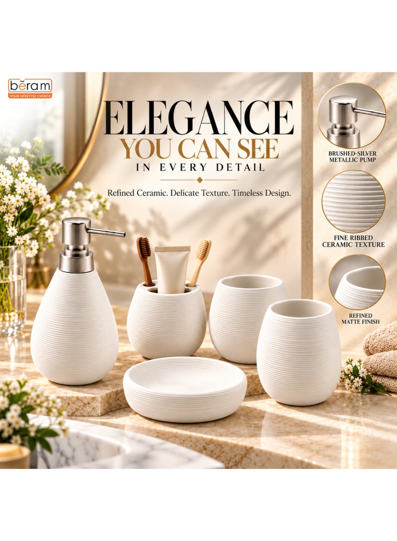Beram Bathroom Accessory Stripes Set 5 Piece Ceramic  Natural Textured Design with Soap Dispenser Toothbrush Holder Tumbler Multifunction Holder & Soap Dish (White) - Image 4
