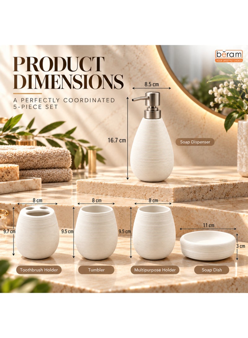 Beram Bathroom Accessory Stripes Set 5 Piece Ceramic  Natural Textured Design with Soap Dispenser Toothbrush Holder Tumbler Multifunction Holder & Soap Dish (White) - Image 2
