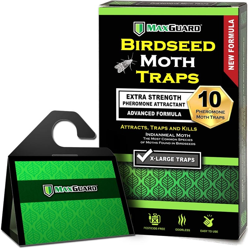 MaxGuard Birdseed Pantry Moth Traps (10 XL Pack) Extra Strength Pheromones | Non-Toxic Extra Large Sticky Glue Trap for Bird Seed Storage Areas | Attract, Trap and Kill Moths - Image 1