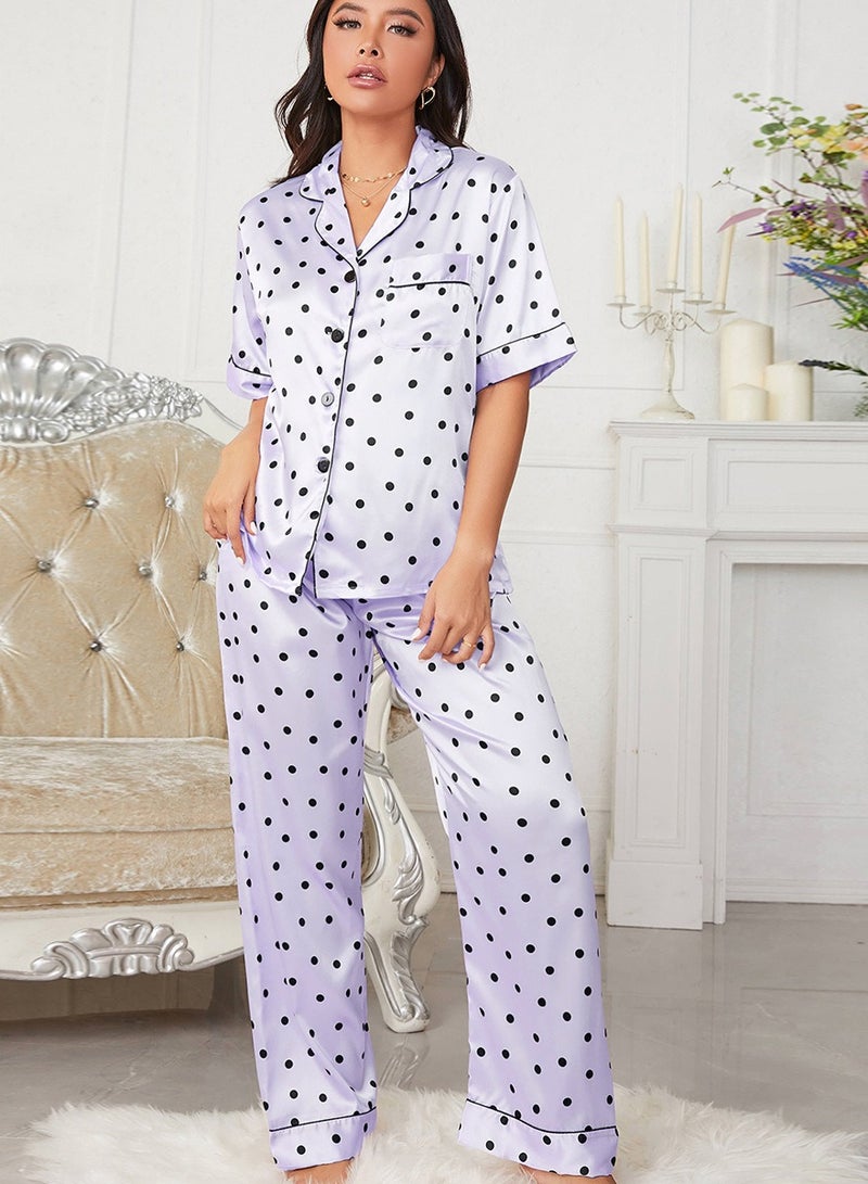 Loquat Women's Imitation Silk Dots 2-Piece Set Nightgown Sleepwear Short Sleeve Lapel Top And Pants Soft Loungewear Pajamas Suit Black/Purple 