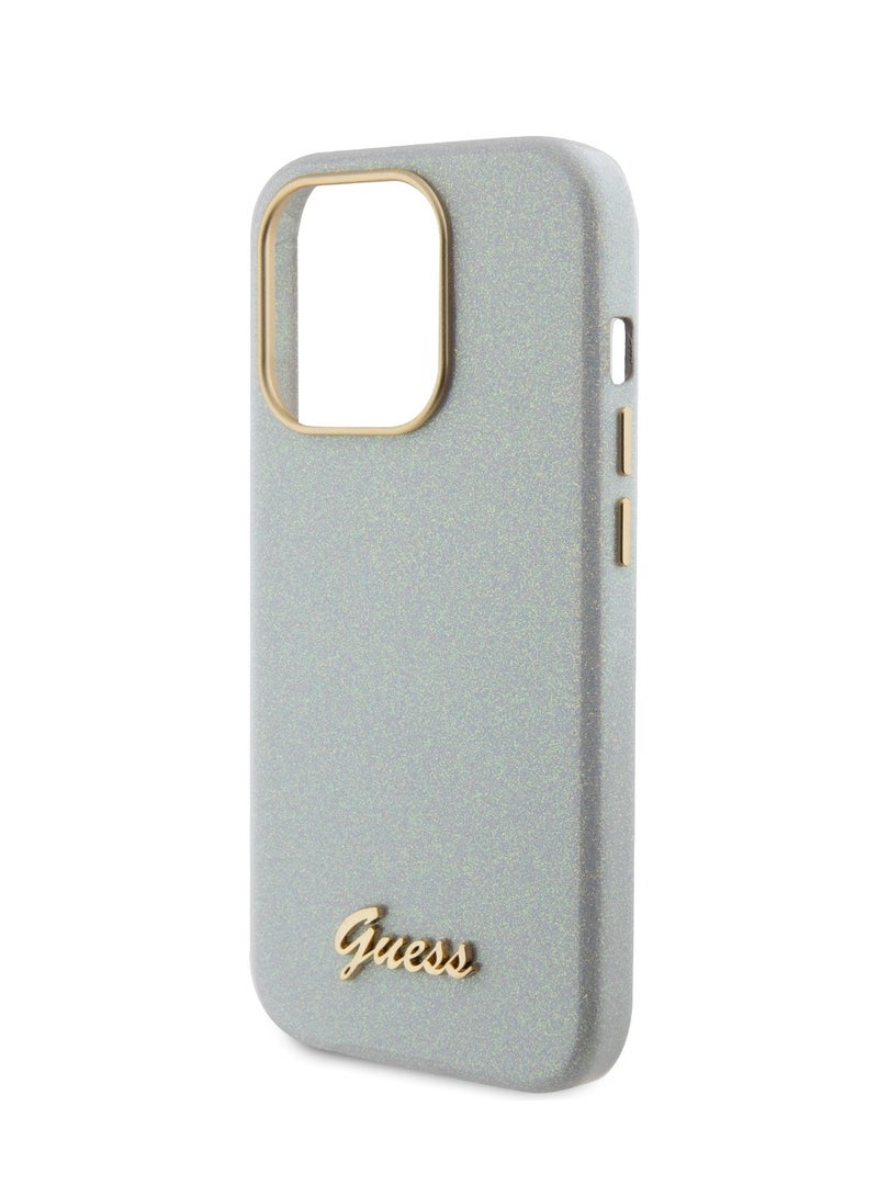 GUESS iPhone 15 Pro Case PU Glitter Glossy Back Cover with Guess Script Logo - Grey - Image 5