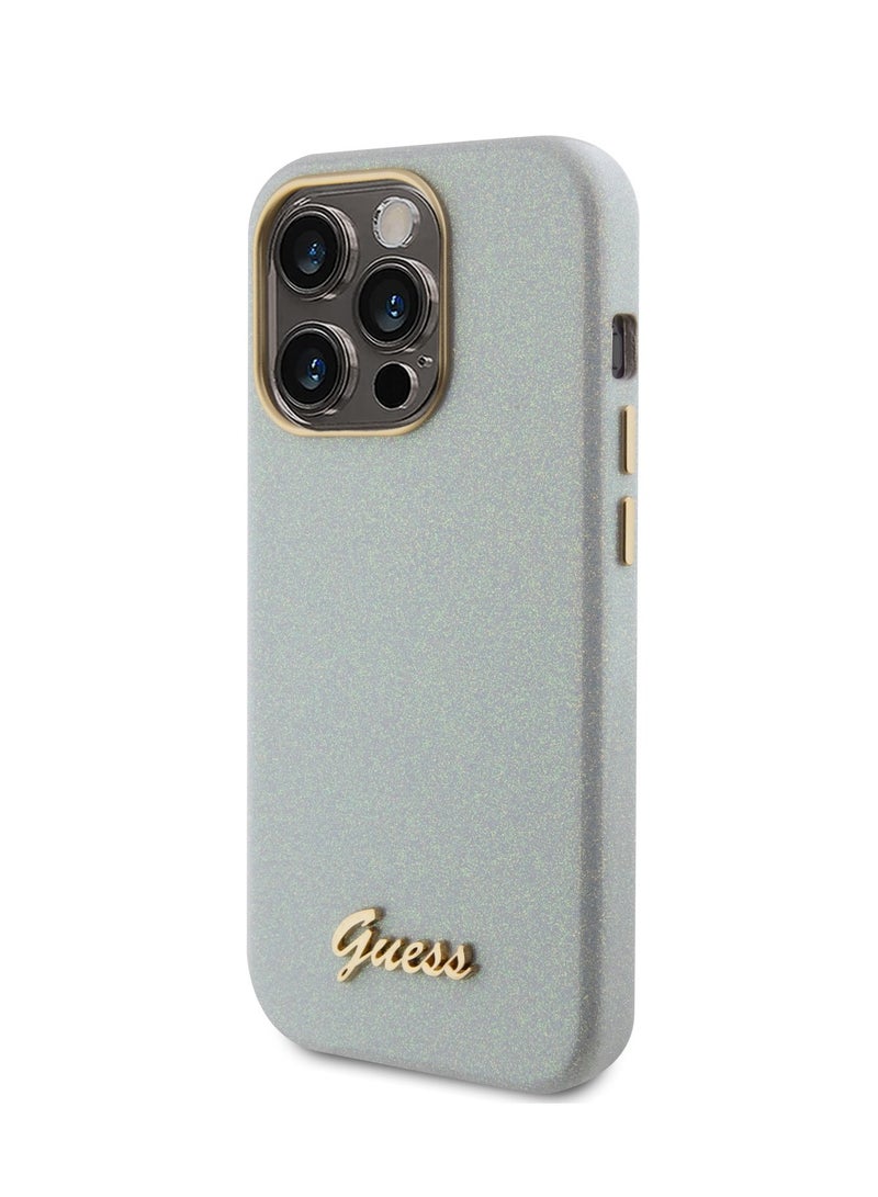 GUESS iPhone 15 Pro Case PU Glitter Glossy Back Cover with Guess Script Logo - Grey - Image 3