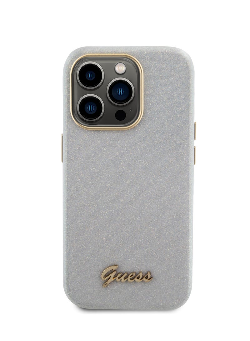 GUESS iPhone 15 Pro Case PU Glitter Glossy Back Cover with Guess Script Logo - Grey - Image 1