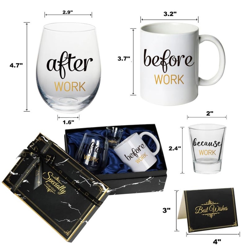 PUGED Before Work After Work Because Work Gift Set 11 oz Coffee Mug 18 oz Wine Glass 2 oz Shot Glass with Gifted Box for Coworkers Boss Office Gifts Bosses Day Christmas Farewell Party Gift (Black) - Image 3