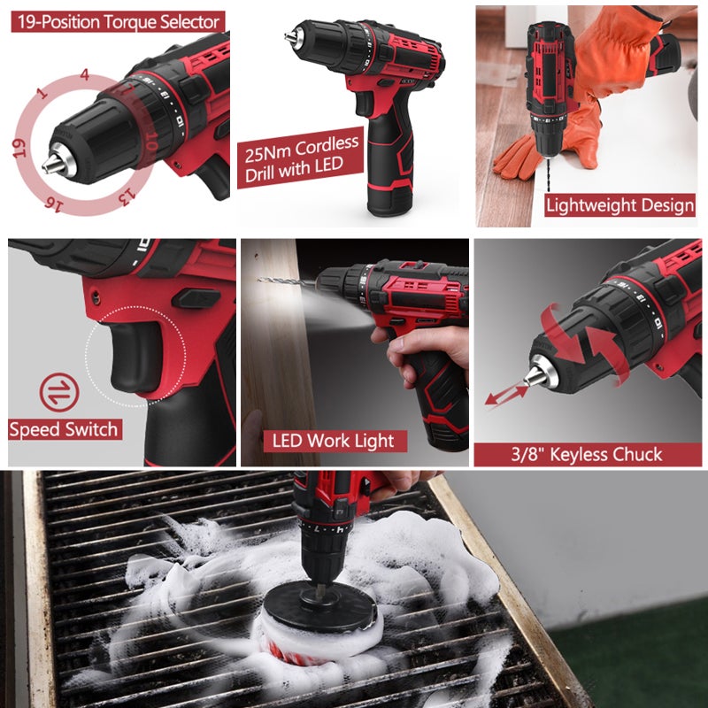 Cordless Electric Drill 12V 1.8-Lb 7-In: 1000-Charging Cycle Battery - 3/8 Keyless Chuck 18+1 Clutch 2-Variable Speed Power Drill for Household Reconstruction DIY Handcrafts Auto Repairs - Image 3
