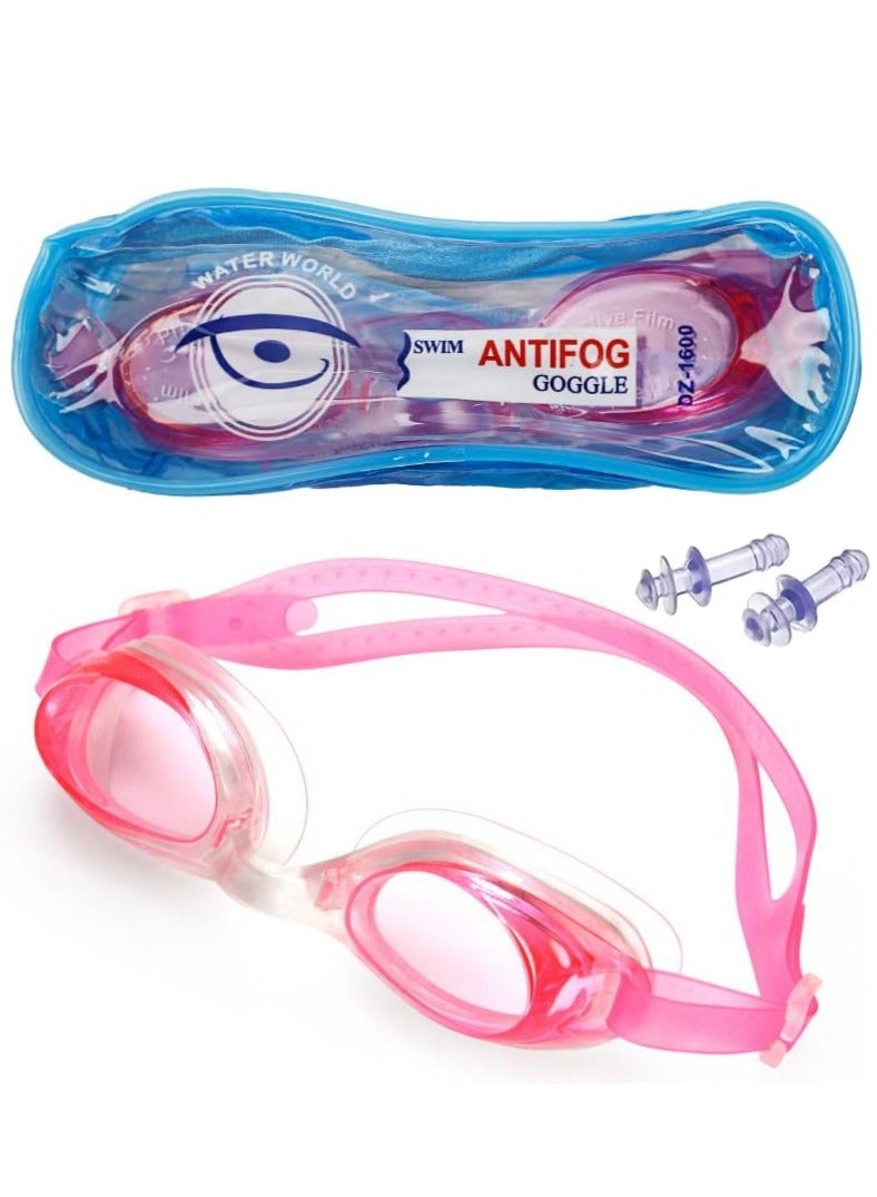 WATER WORLD DZ-1600 Anti-Fog Swimming Goggles With Ear Plugs, Pink
