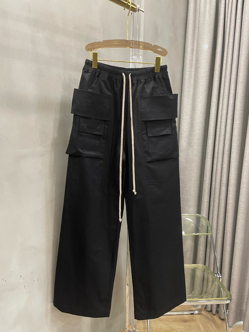 Dark RO style European and American double-ring drawstring elastic loose high street all-match multi-pocket wide leg trousers for men Black