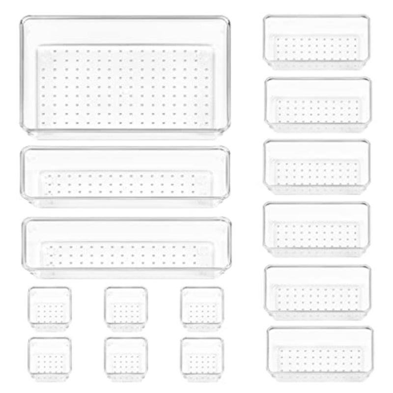 25 PCS Plastic Drawer Organizers Set, 4-Size Versatile Bathroom and Vanity Drawer Organizer Trays, Storage Bins for Makeup, Bedroom, Kitchen Gadgets Utensils and Office