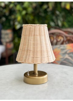Maison Avf Rattan & Bamboo Table Top Wireless Battery Lampshade Table Lamp Antique Gold  - Image 1