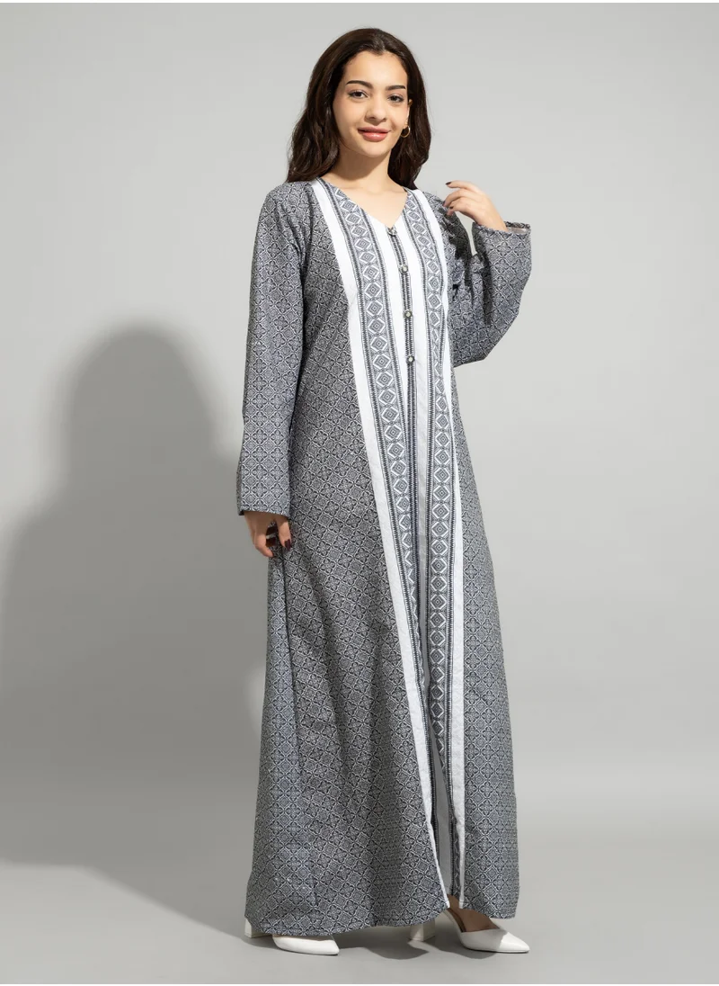 IKKXA Classic Patterns V-neck Jalabiya IN9216 Black