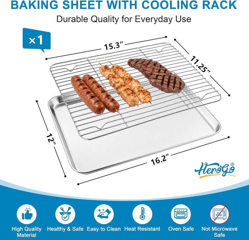 Herogo Baking Sheet with Wire Rack Set(1 Pans + 1 Racks), 16" x 12" x 1" Stainless Steel Jelly Roll Pan with Cooling Rack Set for Baking & Roasting, Non Toxic & Easy Clean - Image 2