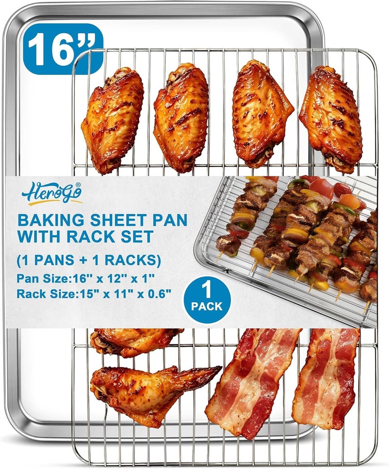 Herogo Baking Sheet with Wire Rack Set(1 Pans + 1 Racks), 16" x 12" x 1" Stainless Steel Jelly Roll Pan with Cooling Rack Set for Baking & Roasting, Non Toxic & Easy Clean - Image 1