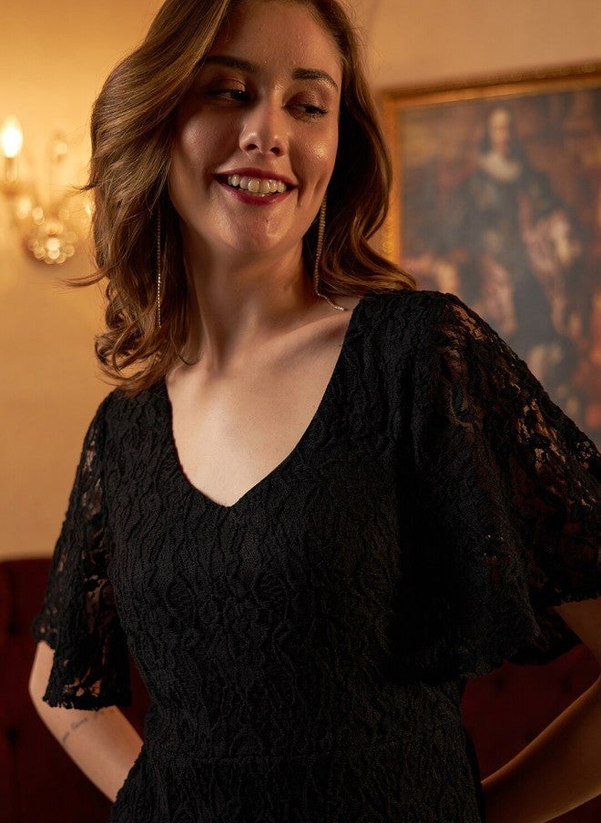 Athena Black Lace A-Line Dress for Women - Image 2