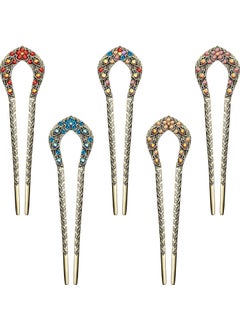Waydress 5 Pcs Vintage Hair Fork French Hair Pin for Buns Metal Chignon Pin Chopsticks Crystal Rhinestone Double Prong Hairpin Stick U Shaped Bun Accessories for WomenElegant Pattern