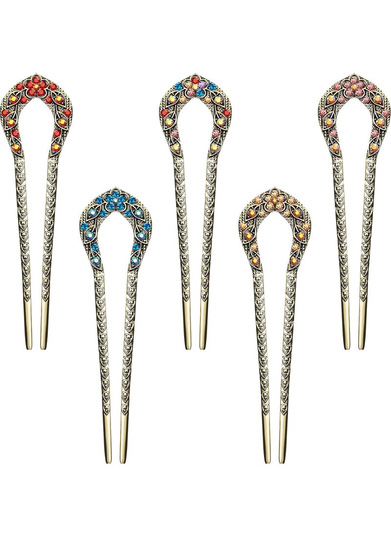 Waydress - Waydress 5 Pcs Vintage Hair Fork French Hair Pin for Buns Metal Chignon Pin Chopsticks Crystal Rhinestone Double Prong Hairpin Stick U Shaped Bun Accessories for WomenElegant Pattern - Image 1