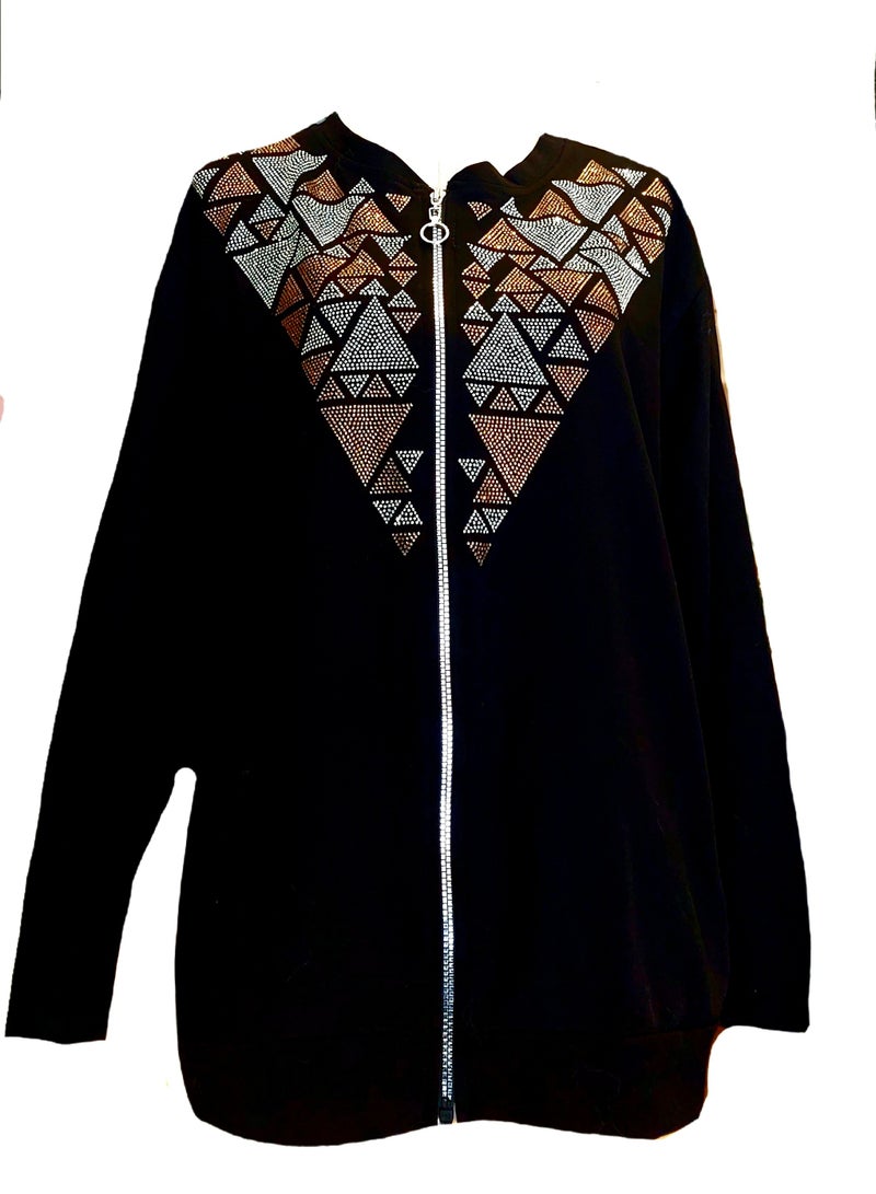Women oversized zipped black cotton jacket rhinestones  - Image 1