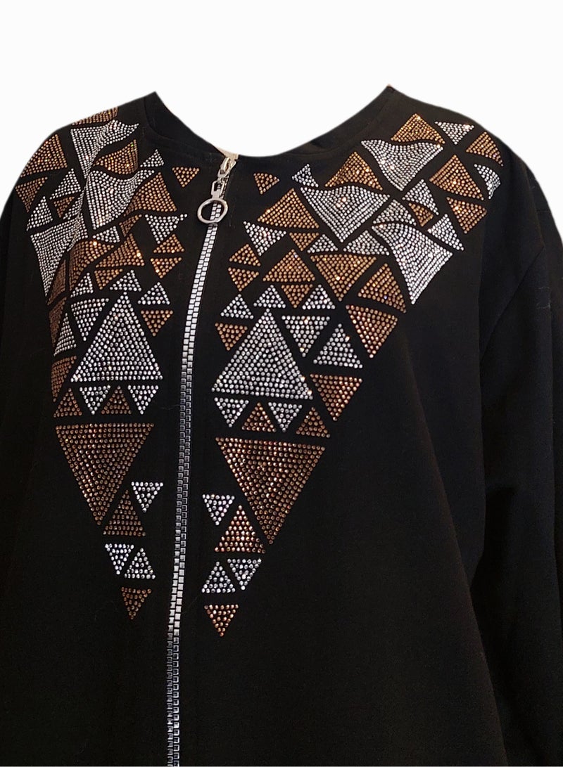 Women oversized zipped black cotton jacket rhinestones  - Image 2